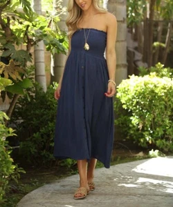 Ananda's Collection Navy Button-Up Smocked Sleeveless Midi Dress Size Medium - Picture 1 of 5