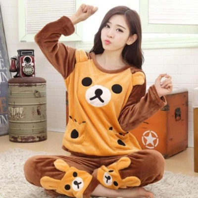 Cute Women Winter Warm Flannel Coral Velvet Pajamas Set Nightgown Soft Nightwear - Image 1 of 4