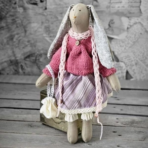 Vintage Stoffhase 40 cm m. Strickpullover Tasche Hase Kaninchen Handarbeit - Bild 1 von 4