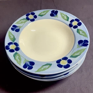 4 Pier 1 Soup Cereal Bowls ROMANTIC GARDEN blue green yellow flowers 9.5” Italy - Picture 1 of 4