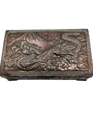 Vintage Asian Dragon Design Copper Silver Plated Trinket Box Decorative PPWH - Image 1 of 4