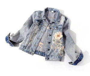 Womens Stereoscopic Beads Flower Denim Jacket Lapel Collar Outwear Coat - Bild 1 von 10