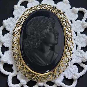 Vintage schwarze tschechische Glaskamee signiert Tschechoslowakei Trauer Brosche Schmuck  - Bild 1 von 5