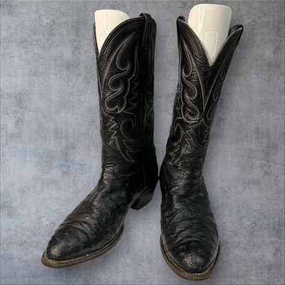 Botas caubói vintage Larry Mahan penas completas avestruz pretas masculinas 11 D Western 10201 - Imagem 1 de 4