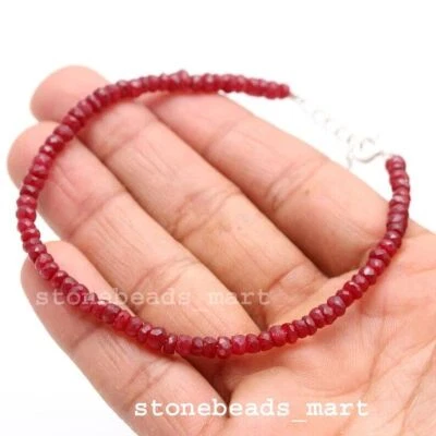 925 Sterling Silver Ruby Corundum Top Class Faceted 3-4mm Beads Bracelet 7" - Image 1 of 4