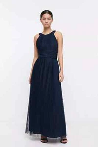 COAST ALL OVER PLEAT NAVY BLUE SEQUIN SHEER TULLE MAXI DRESS 10 BNWT £139 - Picture 1 of 13