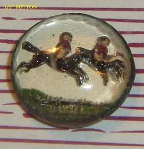 ANTIQUE EQUESTRIAN JOCKEY HORSE RACE DOMED GLASS BUTTON-1/2"-2-PRIMITIVE - Picture 1 of 4