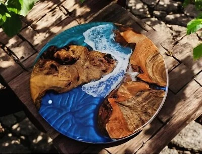 18" Blue Epoxy Resin Coffee Table Acacia Wood Live Edge Ocean Wave Countertop - Image 1 of 4