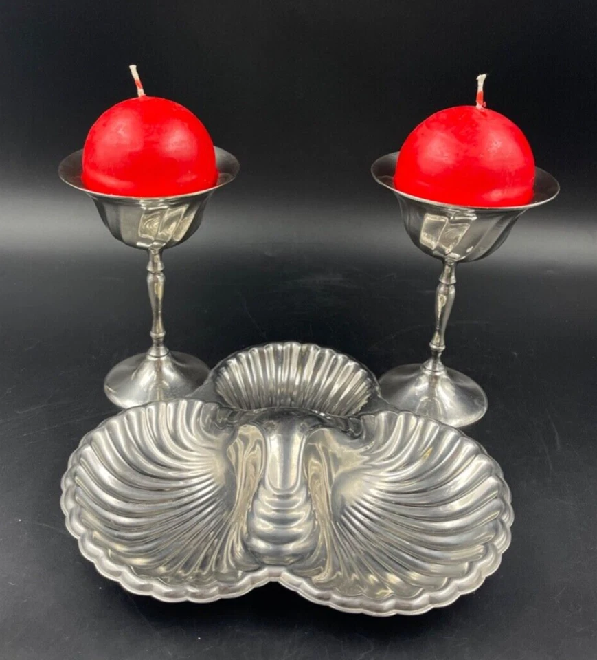 SET APERITIVO ANTIPASTIERA 3 SCOMPARTI CONCHIGLIA 2 PORTA CANDELA CANDELABRO - Immagine 1 di 4