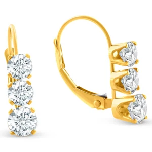 1/2ct TW 3-Stone Real Diamond Women's Lever Back Earrings 14K Yellow Gold - Picture 1 of 4