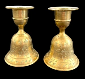 VTG Handcrafted Brass Bells Candle Holders Floral Engraved Boho Zen Set Of 2 - Picture 1 of 12