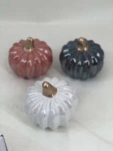 set of 2 Ceramic 4 in Iridescent Orange Pumpkin Decor Fall Harvest Thanksgiving - Picture 1 of 15
