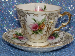 VINTAGE LEFTON JAPAN FINE BONE CHINA CUP & SAUCER SET ROSES & HEAVY GOLD GILT - Picture 1 of 7