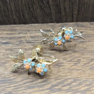 50's Turquoise Floral Earrings Clip-On Screw Back Stud Multi-Color Statement VTG - Picture 1 of 7