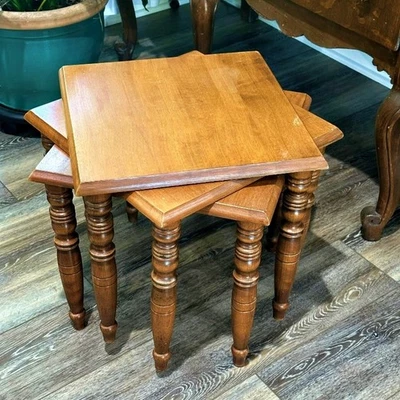 MCM Square Solid Wood Stacking Nesting Tables Set of 3 Mid Century Modern VTG - Image 1 of 4