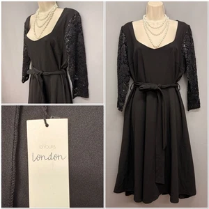NEW YOURS LONDON Black Belted Laced Occasion Dress UK 18 EUR 46 Stretchy - Picture 1 of 15