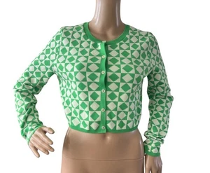 ZARA Womens Crop Jacquard Green Sweater Button Up Lightweight Size S - Picture 1 of 5