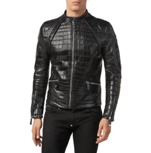 Men's Crocodile Pattern Leather Jacket 100% Real Lambskin Slim Fit Coat - Picture 1 of 4