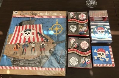 PIRATE THEME BOYS PARTY SUPPLIES NAPKINS BAGS CUPCAKE TOPPERS AND STAND MERI - Image 1 of 4