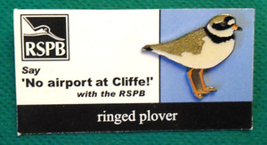 RSPB Enamel Bird Pin Badge No Airport At Cliffe! Card - Ringed Plover (rare)