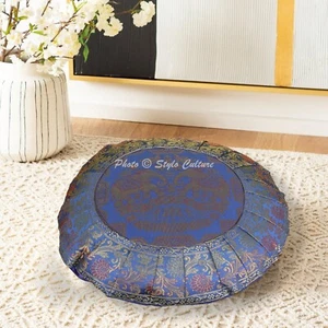 Blue Elephant Floral Art Floor Pillow Bohemian Round Floor Cushion Covers Poufs - Picture 1 of 7