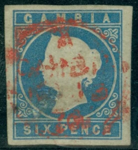 SG 4 Gambia 1869. 6d azul pálido, sin marca de agua, imperfecto. CDS rojos bien usados... - Imagen 1 de 1