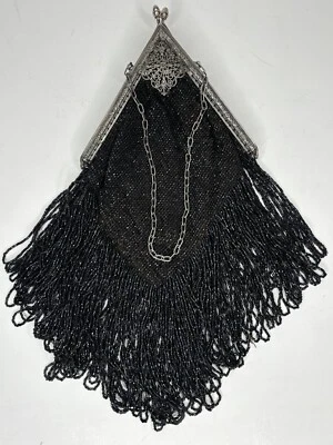 1920s Flapper Purse Art Deco Black Beads Fringe Lined Metal Frame Triangular - Image 1 of 4