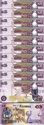 Zambia 5 Kwacha 2022, UNC, 10 Pcs LOT, Consecutive, P-57 New Date - Image 1 of 4