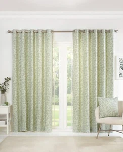 Polycotton Sade Floral Design Pair Lined Eyelet Curains Green & White All Sizes - Picture 1 of 5