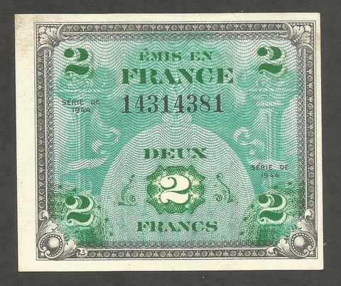 France 2 Francs 1944; AU+; P-114a; Operation Tom Cat; MPC; WWII Cover