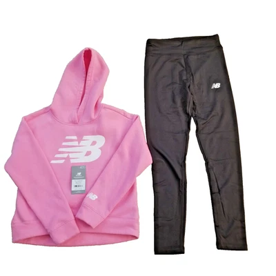New Balance Girls Fleece Pink Hoodie & Black Stretch pants, Size 10/12, NWT - Image 1 of 4