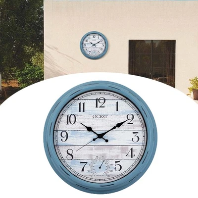 16 Inch Indoor/Outdoor Retro Waterproof Wall Clock with Thermometer, Vintage - Image 1 of 4
