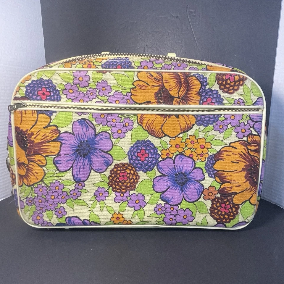 Cloth Suitcase Overnight Travel Bag Flower Power Groovy 1960s Hippie W/Key VTG - Image 1 of 4