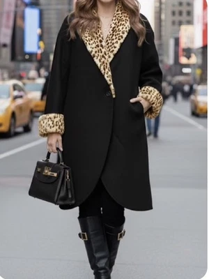VTG Chic & Sassy Black Wool Long Coat W/ Faux Fur Cheetah Trim Size XL EUC  - Image 1 of 4