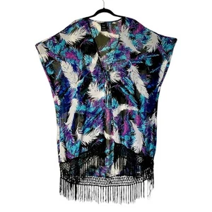 Catalina Kimono Cover Up Womens Large 12-14 Plume Feather Print Sheer Fringe - Picture 1 of 7