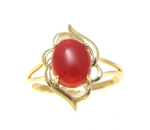 GENUINE NATURAL OVAL CABOCHON RED CORAL RING SOLID 14K YELLOW GOLD - Picture 1 of 4