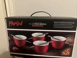 Parini Set 4 Ciotole di Riso in Ceramica Rossa con 8 Bacchette in Acciaio Inox Nuove - Foto 1 di 4