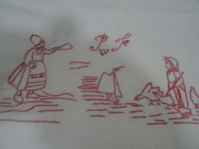 ancien,vintag  brodé main= scéne oies =futur rideau ou autre ,métis ,jours blanc - Photo 1/3