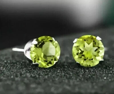 Women's Earrings 2Ct Round Cut Created Green Peridot Stud 14K White Gold Finish - Image 1 of 2