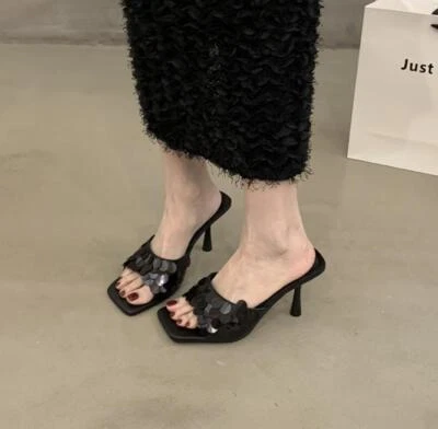 Mujeres Zapatillas Verano Punta Cuadrada Tacón Alto Lentejuelas Sandalias Sin Cordones Zapatos de Fiesta Foto 1 de 4