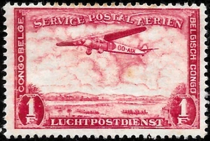 1931-37 AIR MAIL BELGIAN CONGO SC#C8 1F. MLH OG VF AIRPLANE FOKKER F VII - Picture 1 of 2