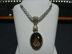 FINE STERLING SILVER SMOKY TOPAZ AND PEARL NECKLACE ITALIAN 925 NEW WOW!! - Picture 1 of 12