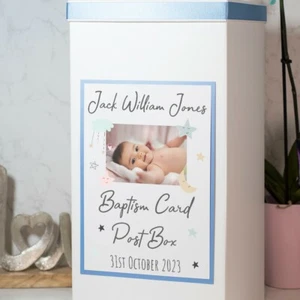 Personalised Moon and Stars Photo Christening Baptism Card Post Box - Picture 1 of 2