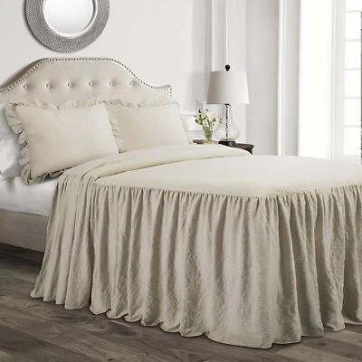 BEIGE  Twin Full Queen King Size Solid Ruffled Farmhouse Bedspread Set Shams - Image 1 of 4