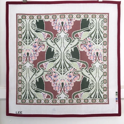 LEE DESIGNS Handpainted Needlepoint Canvas Art Nouveau Red Green Pink 14 Mesh - Image 1 of 3