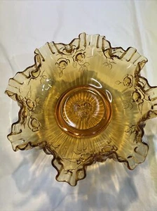 VTG Fenton Amber Glass Ruffled/Thumbprint Edge 9"x3.5" Bowl Cabbage Rose Pattern - Picture 1 of 9