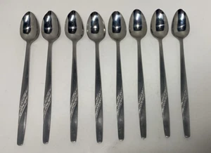 Set of 8 Long Tea Spoons Vintage JAPAN Stainless Steel FLORAL BANNER design - Picture 1 of 5