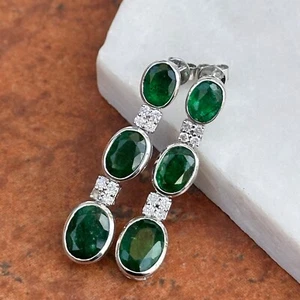 Estate Platinum Dark Green Graduated Oval Emerald and Pave Diamond Drop Earrings - Picture 1 of 8