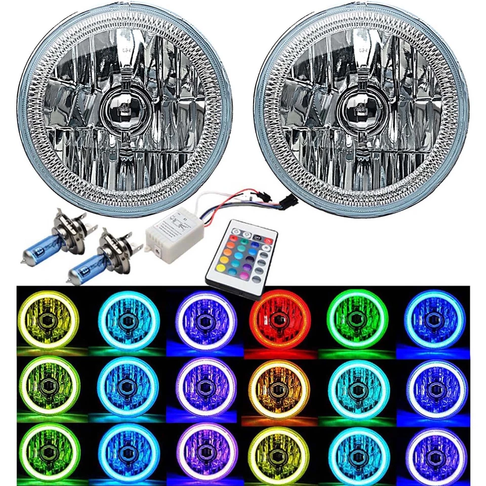 7" Halogen White LED Halo Angel Eyes Headlight Headlamp H4 Light Bulbs Pair 12v