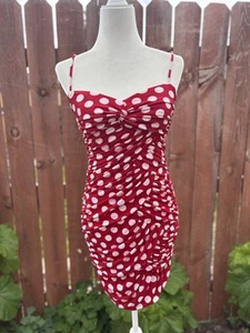 Frederick’s of Hollywood Red Ruched Polka Dot Bodycon Mini Dress Women’s Size M - Picture 1 of 6